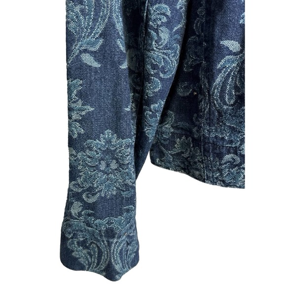 Chico’s Denim Jacket Floral size 2 All Cotton Lightweight Holiday Christmas - Picture 9 of 13